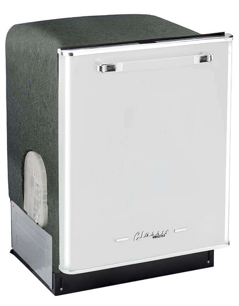 Unique 24" Classic Retro Dishwasher with chrome accents, vintage style, from Cabin Depot. Quiet operation, multiple wash cycles.