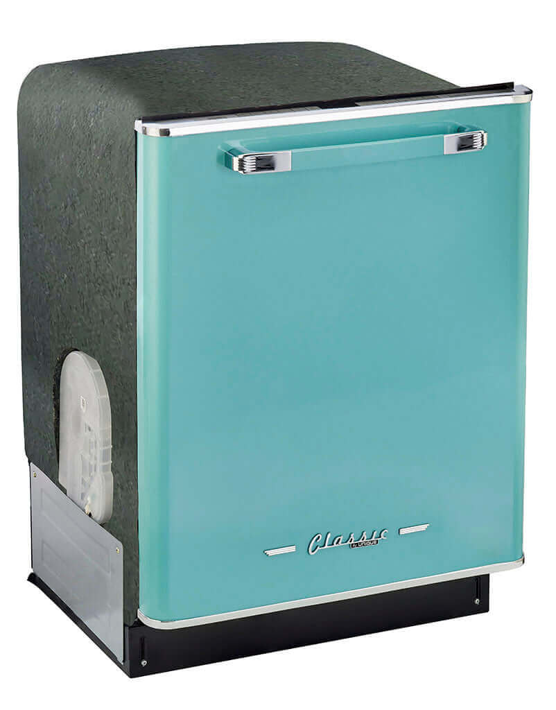 Unique 24" Classic Retro Dishwasher with teal finish and chrome accents, offered by Cabin Depot. Iconic ‘50s design, quiet cleaning.