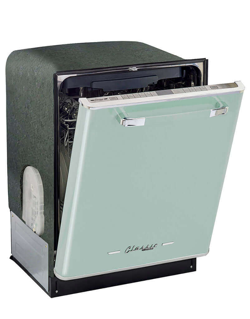 Unique 24-inch Classic Retro Dishwasher with chrome accents, available at Cabin Depot. Ideal undercounter design for a vintage kitchen.