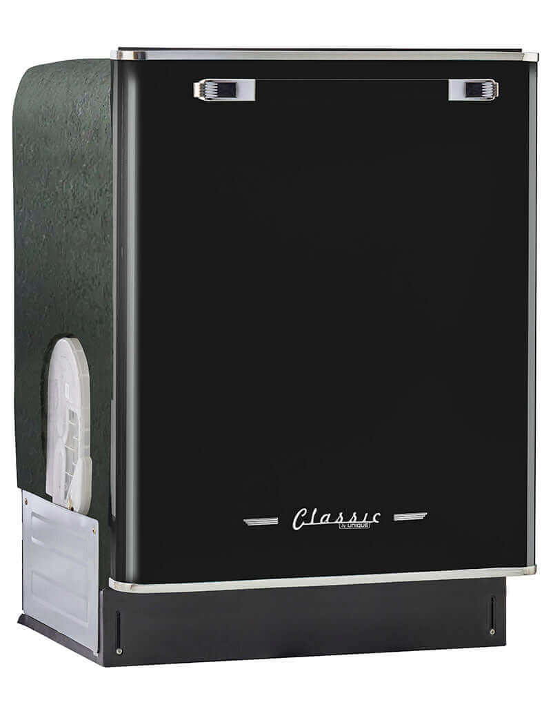 Unique 24" Classic Retro Dishwasher in black with chrome accents, available at Cabin Depot. Energy-efficient, quiet, and stylish for any kitchen.