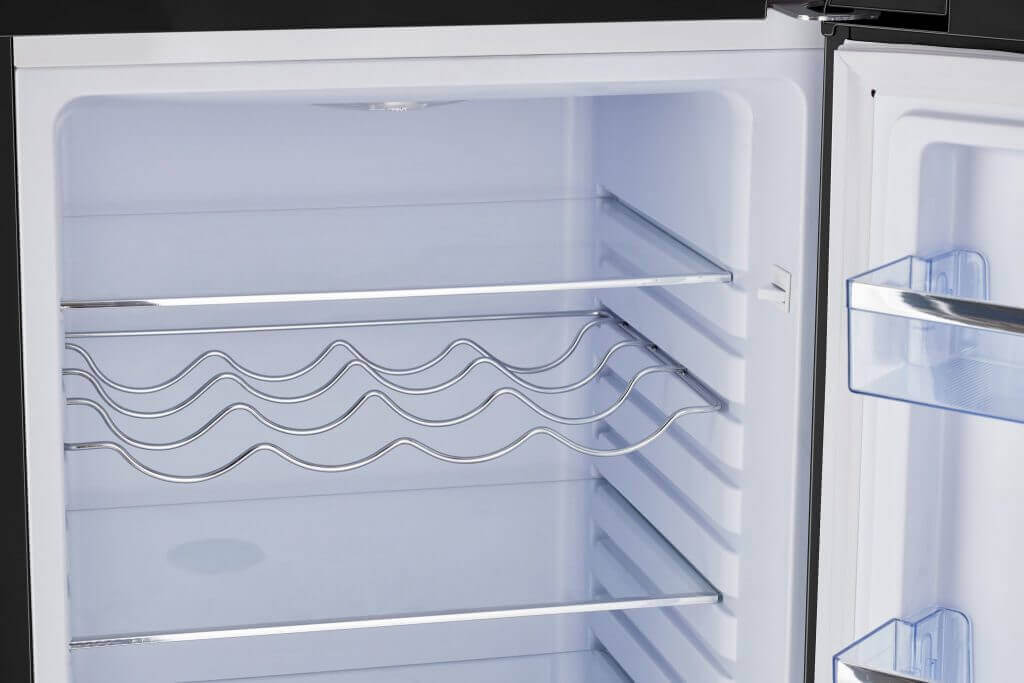 Inside view of Unique 9 cu/ft retro bottom mount refrigerator shelving from Cabin Depot
