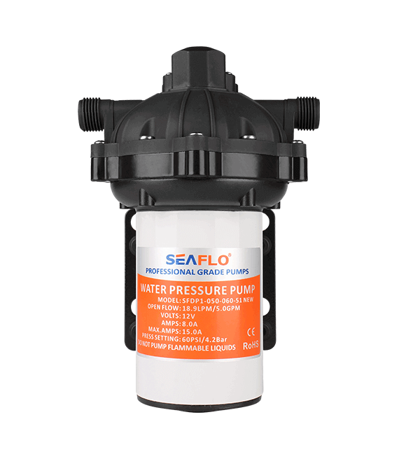 5GPM 110V Diaphragm Pump 60PSI Side View, by Seaflo, sold by Off-Grid Living Solutions Provider, The Cabin Depot Canada/USA