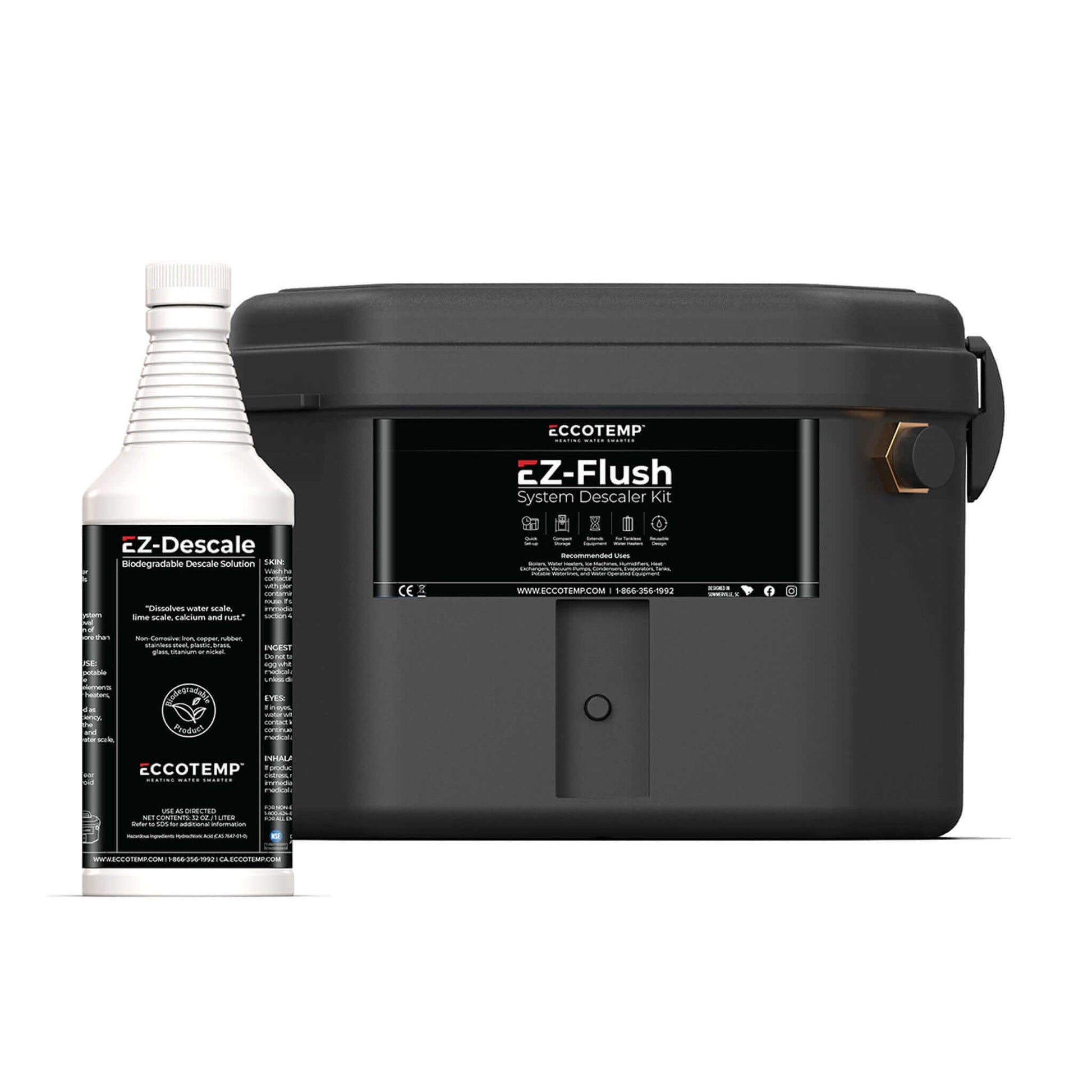 Eccotemp EZ-Flush System Descaler Kit for water heaters, available at Cabin Depot. Includes non-toxic descaler for lime and rust removal.