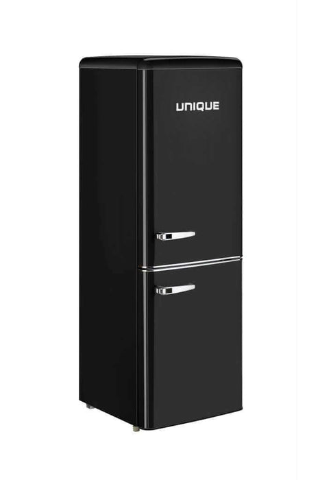Retro 9 cu/ft bottom mount refrigerator by Unique, available at Cabin Depot, ideal for grid-tied and off-grid living with AC inverter.