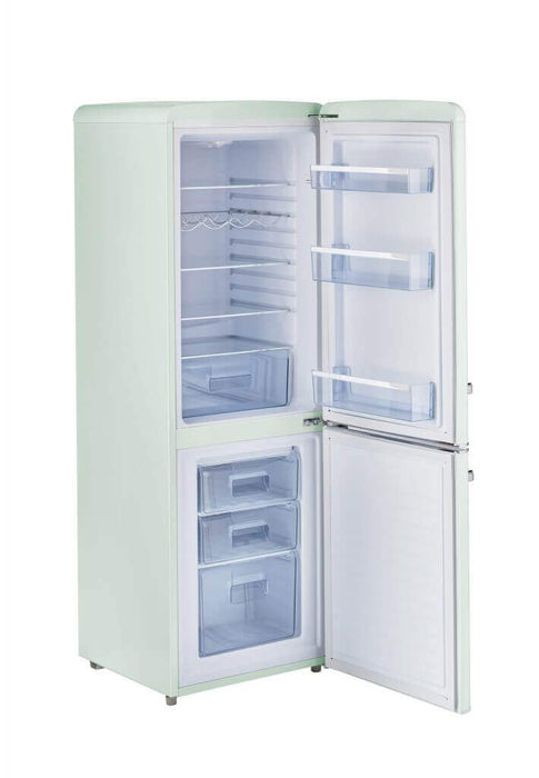 Retro 9 Cu/Ft Bottom Mount Refrigerator by Cabin Depot with open doors showing spacious interior and shelves.
