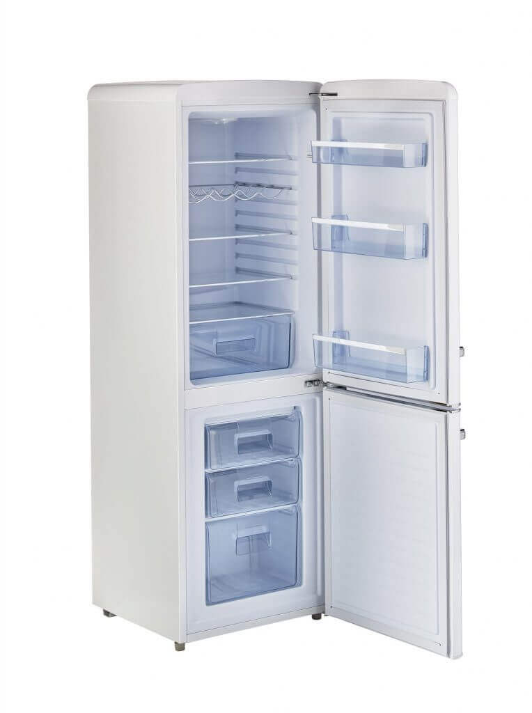 Unique 9 cu/ft Bottom Mount Retro Refrigerator open view by Cabin Depot, energy-efficient design for grid-tied applications.