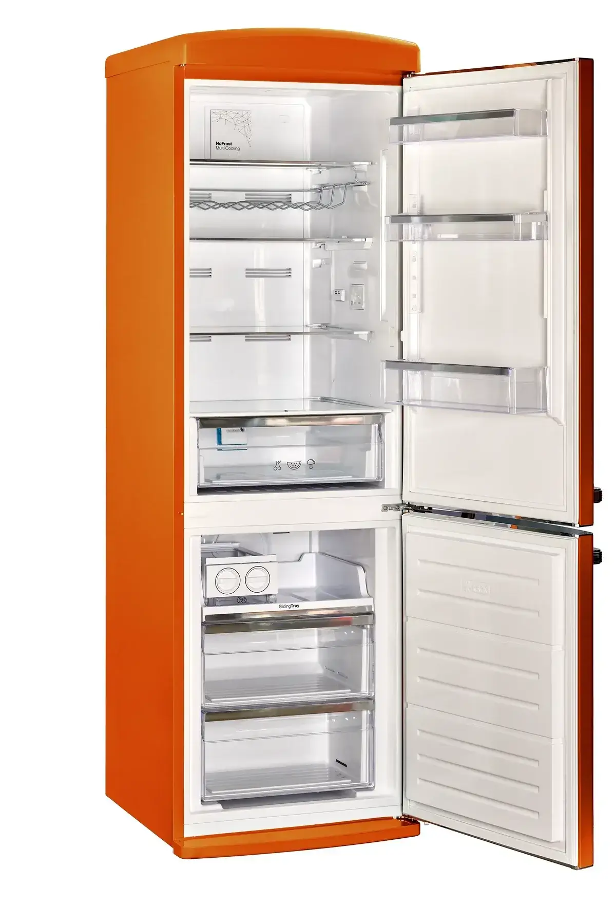 Orange Unique 12 cu/ft Classic Retro Bottom Mount Refrigerator open view, available at Cabin Depot. Energy Star certified, frost-free design.