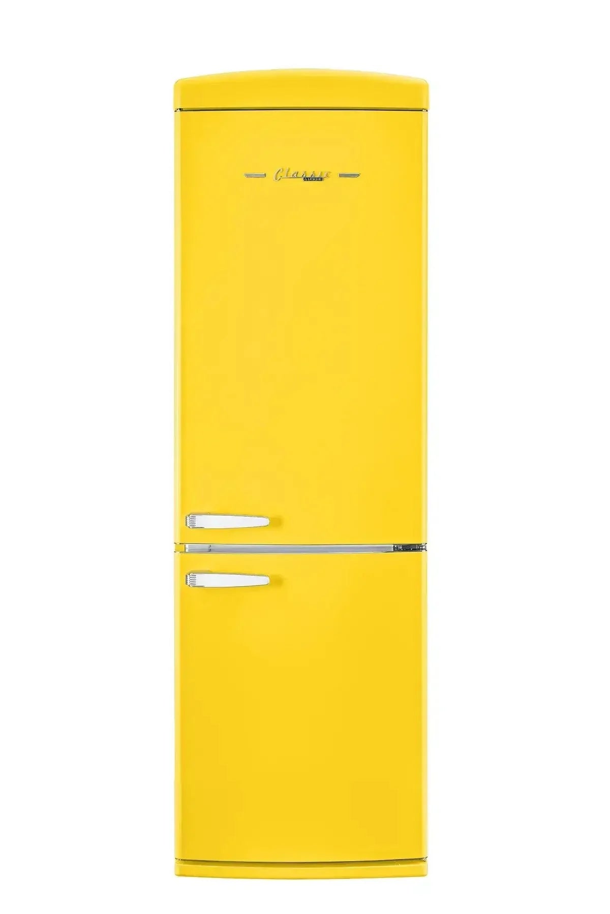 Unique Classic Retro 12 Cu/Ft Yellow Bottom Mount Refrigerator with chrome accents by Cabin Depot, ENERGY STAR Certified.