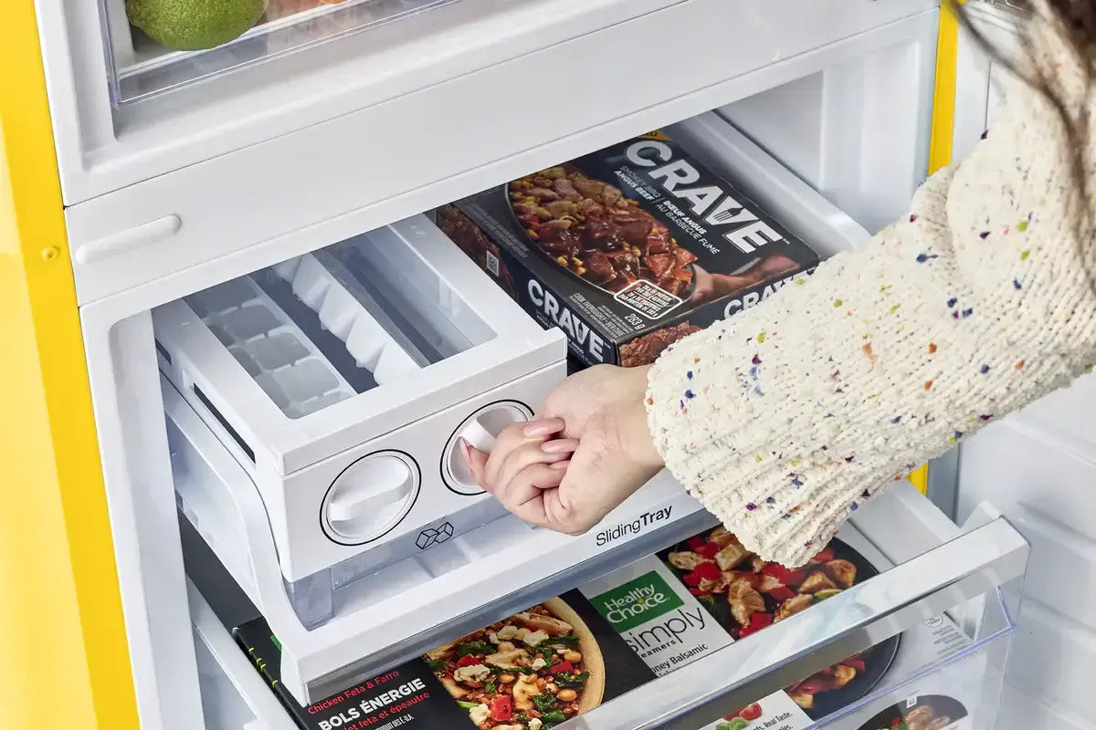 Alt Tag: Unique Classic Retro Bottom Mount Refrigerator freezer drawer with frost-free design, available at Cabin Depot.