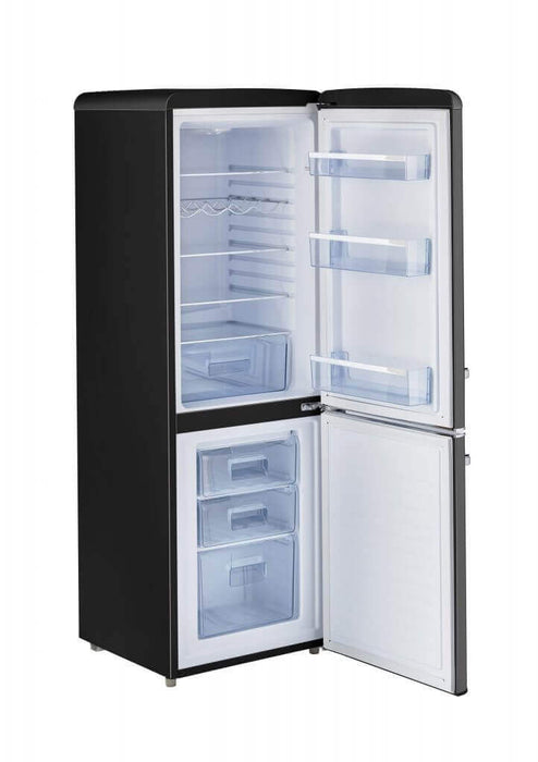 Unique 9 cu/ft Bottom Mount Retro Refrigerator from Cabin Depot, open to show interior, ideal for grid and off-grid use with inverter.