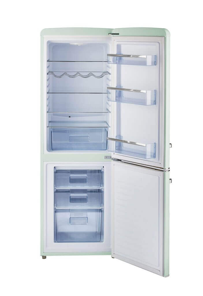 Unique 9 Cu/Ft Bottom Mount Retro Refrigerator with open doors displaying interior shelves and freezer, available at Cabin Depot.