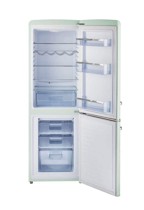 Unique 9 Cu/Ft Bottom Mount Retro Refrigerator with open doors displaying interior shelves and freezer, available at Cabin Depot.