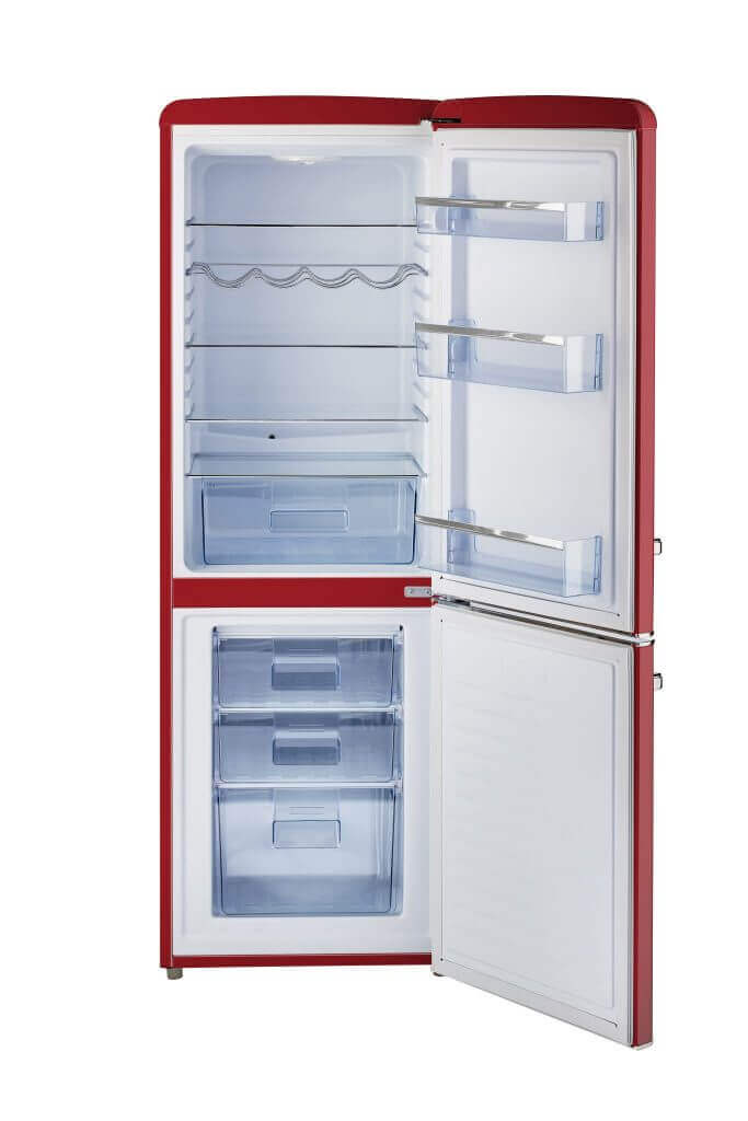 Alt Tag: Unique 9 Cu/Ft Bottom Mount Retro Refrigerator from Cabin Depot, open view showcasing spacious interior design.
