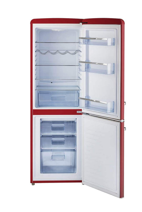 Alt Tag: Unique 9 Cu/Ft Bottom Mount Retro Refrigerator from Cabin Depot, open view showcasing spacious interior design.