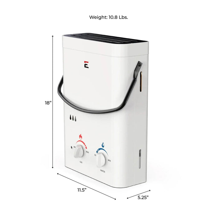 Eccotemp L5 Tankless Water Heater with dimensions, featuring portability for cabins by Cabin Depot.