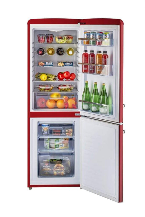 Unique 9 Cu/Ft Retro Refrigerator from Cabin Depot with bottom freezer, open to show interior storage