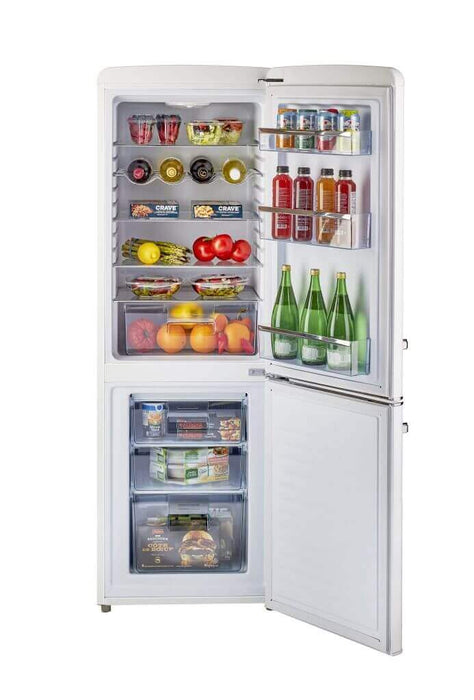 Open Unique 9 Cu/Ft Bottom Mount Retro Refrigerator available at Cabin Depot, showcasing spacious interior with bottled and fresh produce.