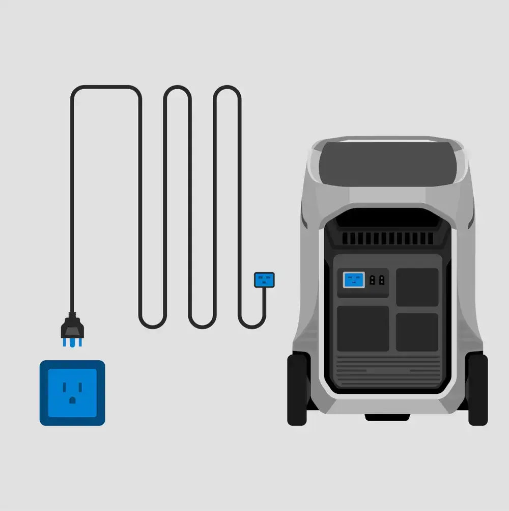 EcoFlow Delta Pro 3 Portable Power Station in Galactic Silver with cable, available at Cabin Depot. Ideal for high-capacity energy needs.
