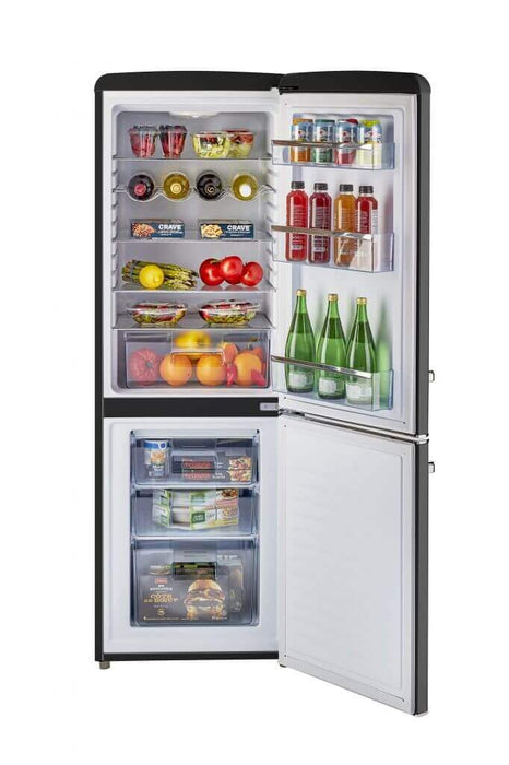 Unique 9 Cu/Ft Bottom Mount Retro Refrigerator open with food, sold by Cabin Depot.