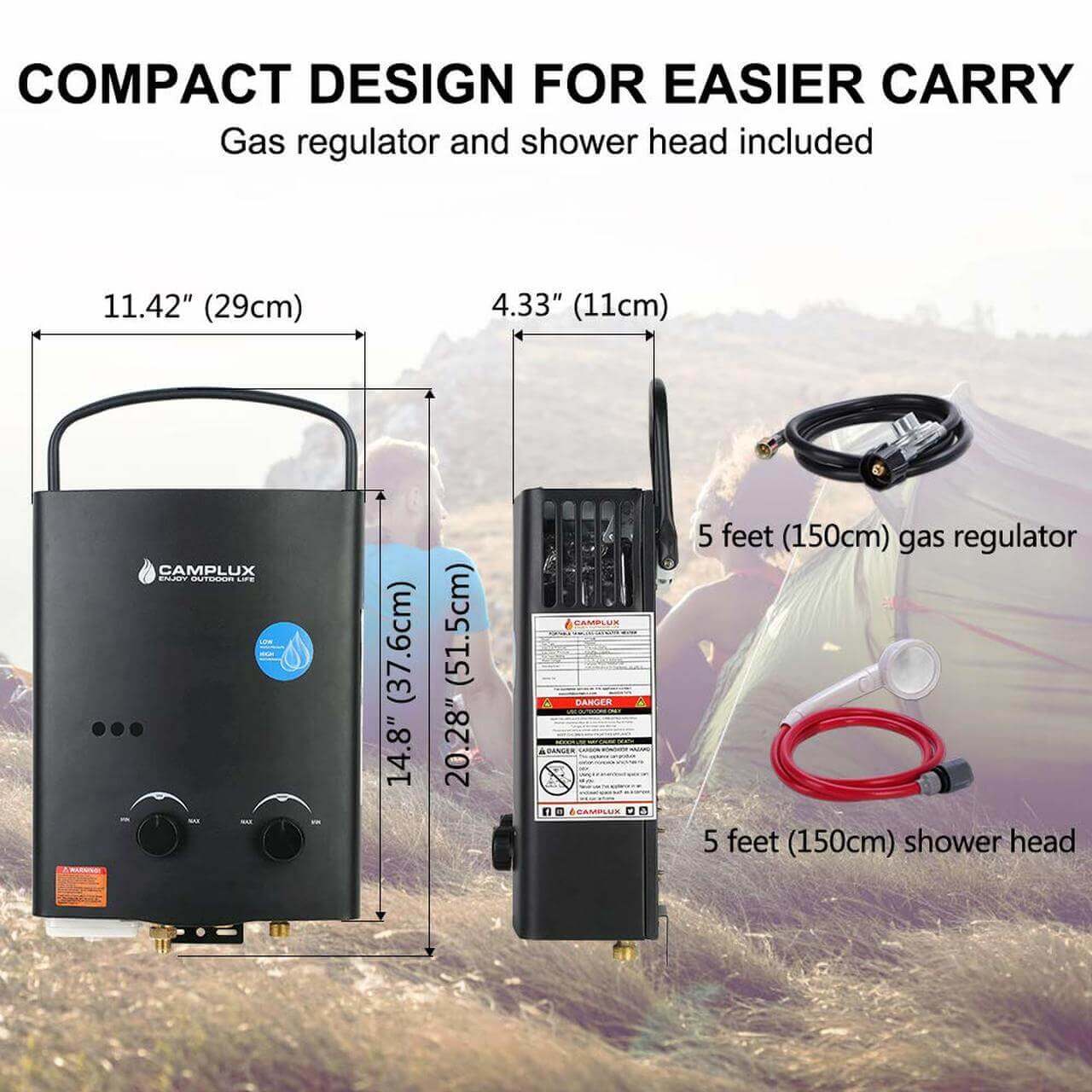 Camplux 5L propane portable tankless water heater with compact design, gas regulator, and shower head; perfect for cabins and campsites.