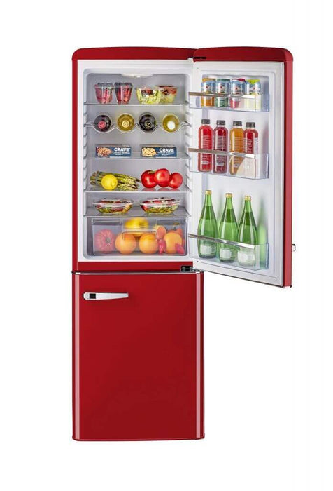 Open red retro refrigerator, 9 cu/ft with bottom mount, stocked with food and beverages, available at Cabin Depot for grid and off-grid use.