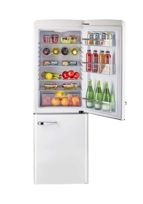 Unique 9 cu/ft Retro Bottom Mount Refrigerator from Cabin Depot with open door showing food and drink storage.