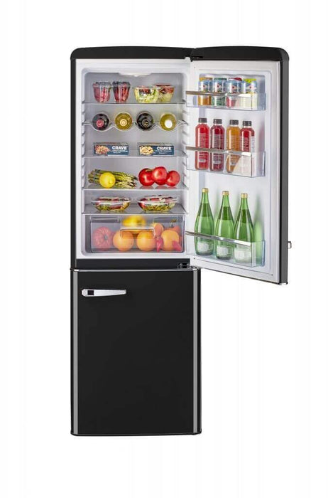 Unique 9 Cu/Ft Bottom Mount Retro Refrigerator open with stocked shelves, available at Cabin Depot.