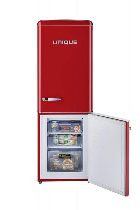 Unique 9 Cu/Ft Retro Bottom Mount Refrigerator in red at Cabin Depot, open door showing spacious interior perfect for modern kitchens.