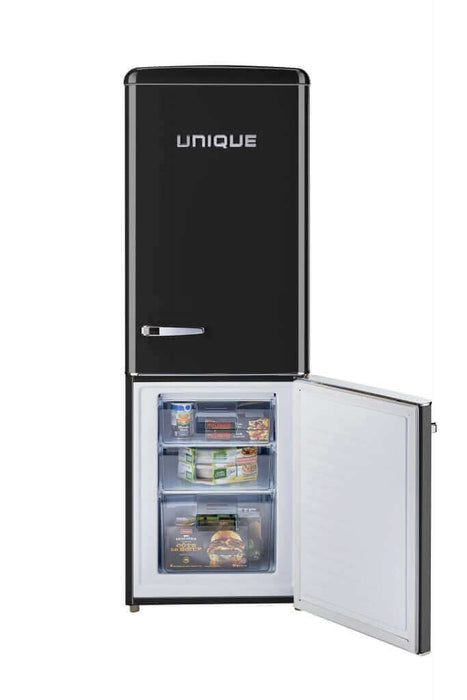 Unique 9 Cu/Ft Bottom Mount Retro Refrigerator open, showcasing interior storage, available at Cabin Depot.