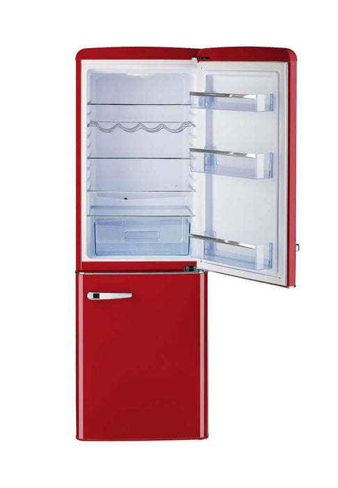 Red Unique 9 Cu/Ft Retro Bottom Mount Refrigerator at Cabin Depot, open door view.