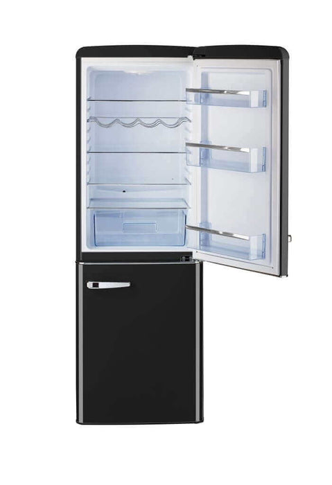 Unique 9 cu/ft bottom mount retro refrigerator in black with open door, available at Cabin Depot.