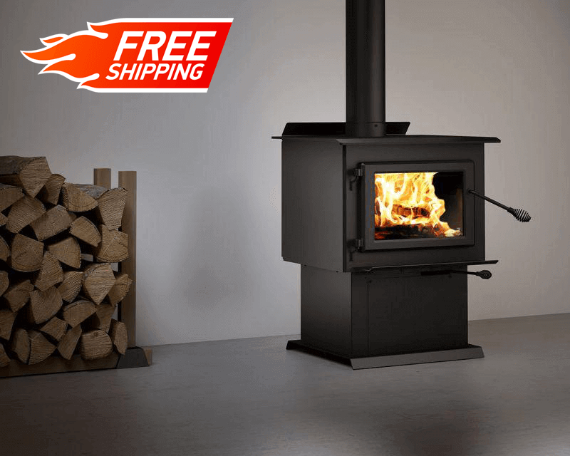 Century FW2900 Wood Stove with free shipping from Cabin Depot, featuring a stainless steel top and ceramic glass for home heating.