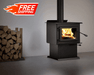 Century FW2900 Wood Stove with free shipping from Cabin Depot, featuring a stainless steel top and ceramic glass for home heating.