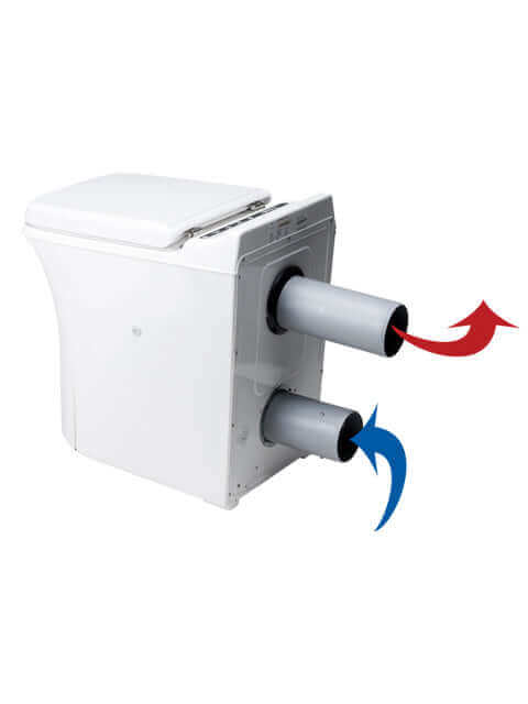 Cinderella Comfort Incinerating Toilet with vent pipes, available at The Cabin Depot.