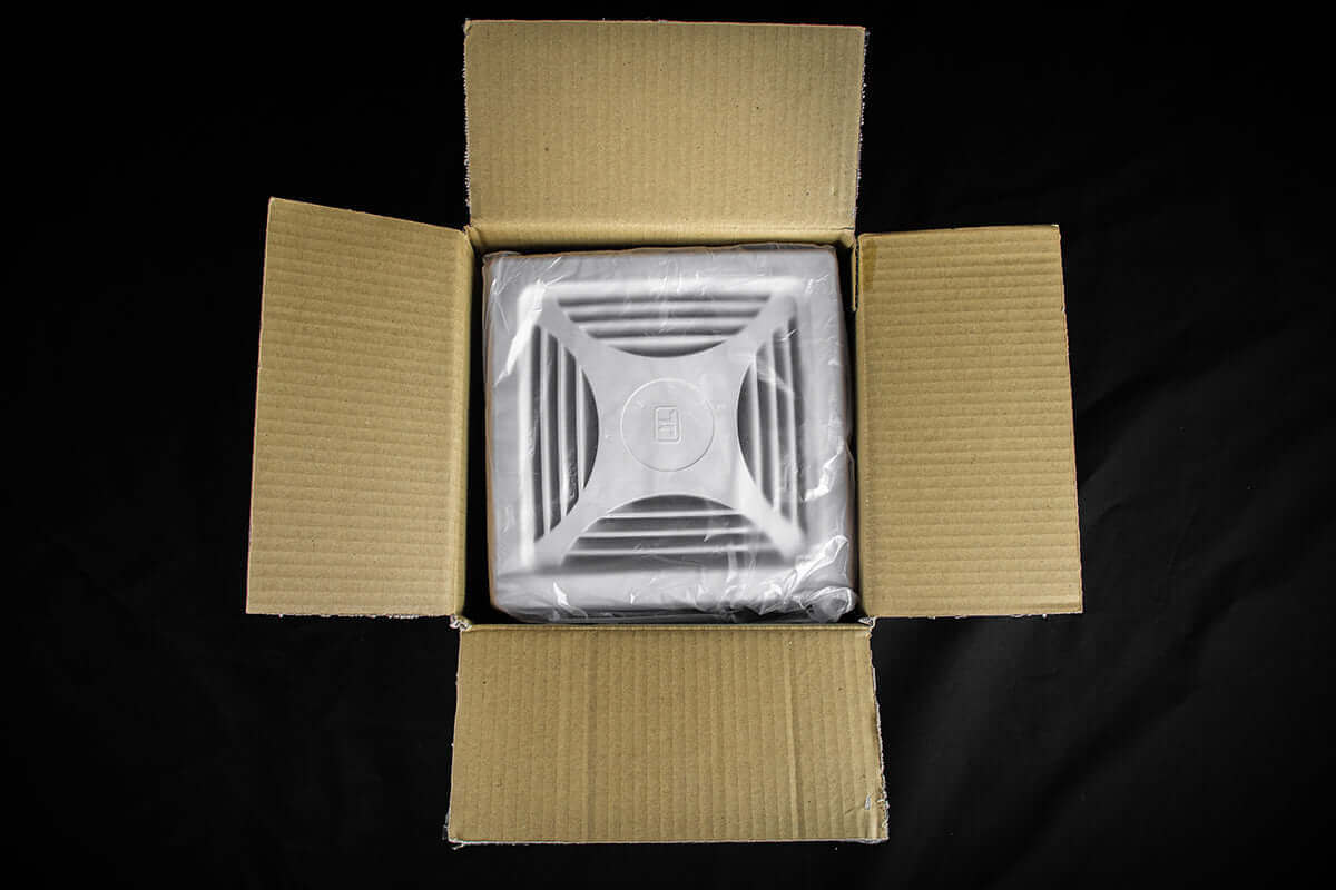 Kedron 12V DC Waterproof Exhaust Fan from Cabin Depot in packaging, ideal for off-grid ventilation in RVs, cabins, and boats.