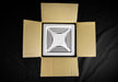 Kedron 12V DC Exhaust Fan in box open on black background, ideal for off-grid ventilation in bathrooms, RVs, and boats.