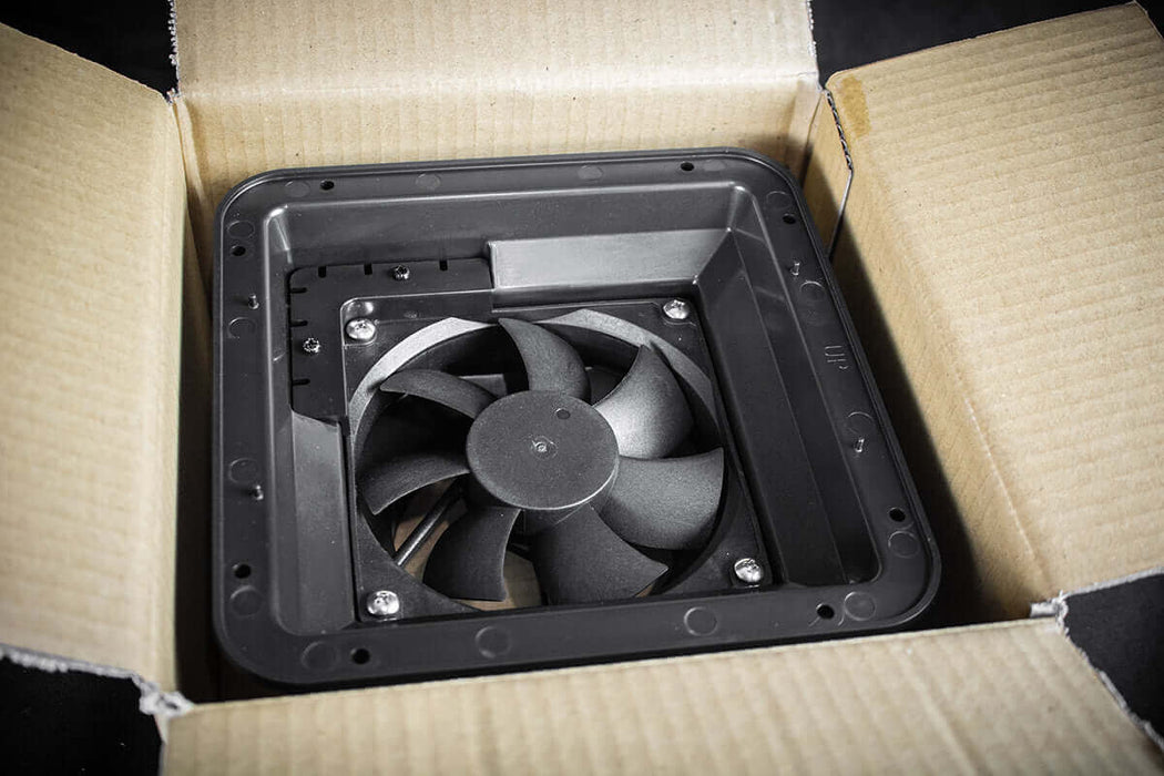 Kedron 12V DC Waterproof Ventilation Fan in packaging, ideal for off-grid use in RVs, boats, and bathrooms.