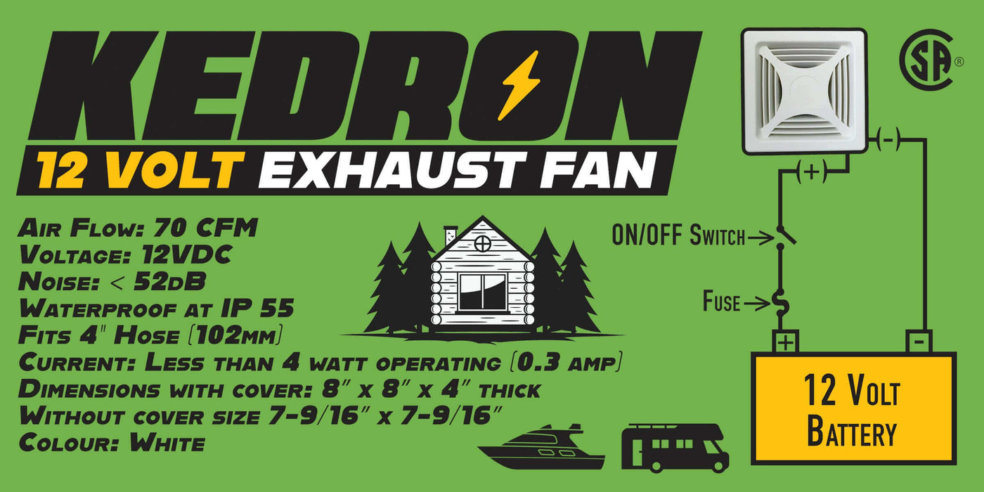 Kedron 12V Exhaust Fan specs, waterproof, CSA certified, for RVs, boats, bathrooms; 12V power system compatible and easy installation.