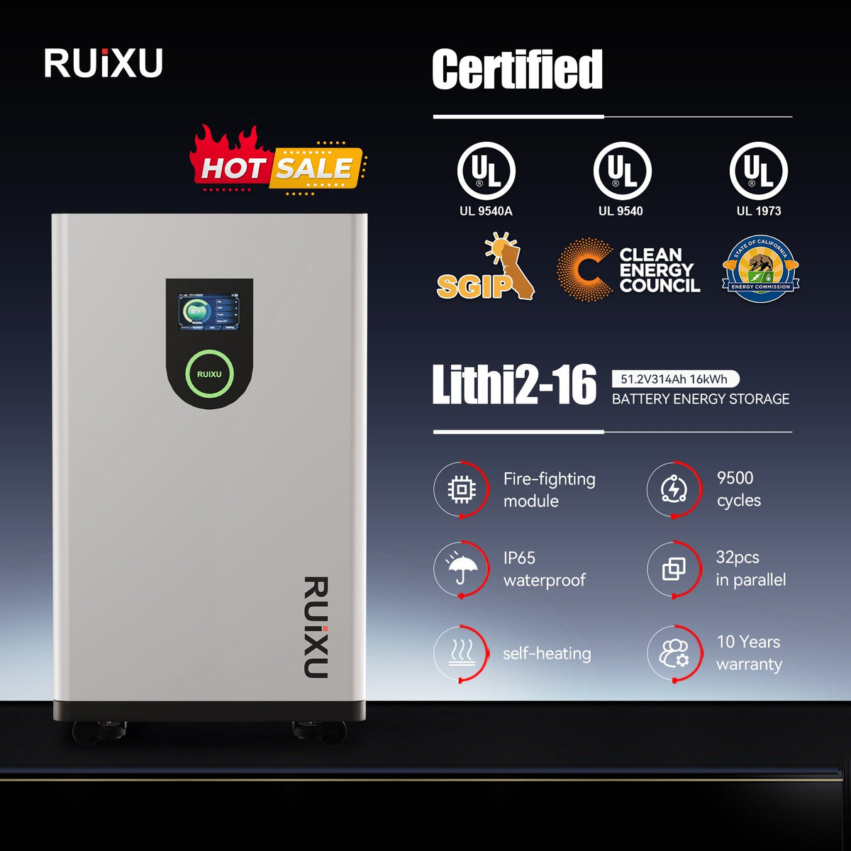 RUiXU Lithi2-16 16kWh 314Ah LFP Wall Mount Battery UL9540A