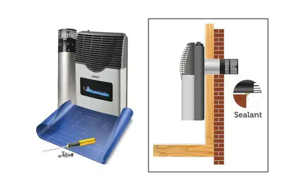 Martin 8,000 BTU Direct Vent Natural Gas Heater with installation diagram from Cabin Depot