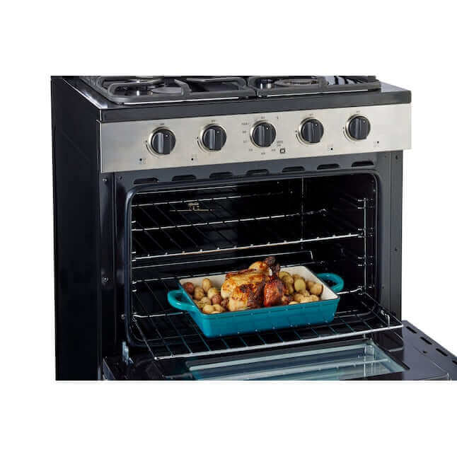 Unique 30" Propane Range with chicken roast inside, off-grid battery ignition, stainless steel finish - Available at Cabin Depot