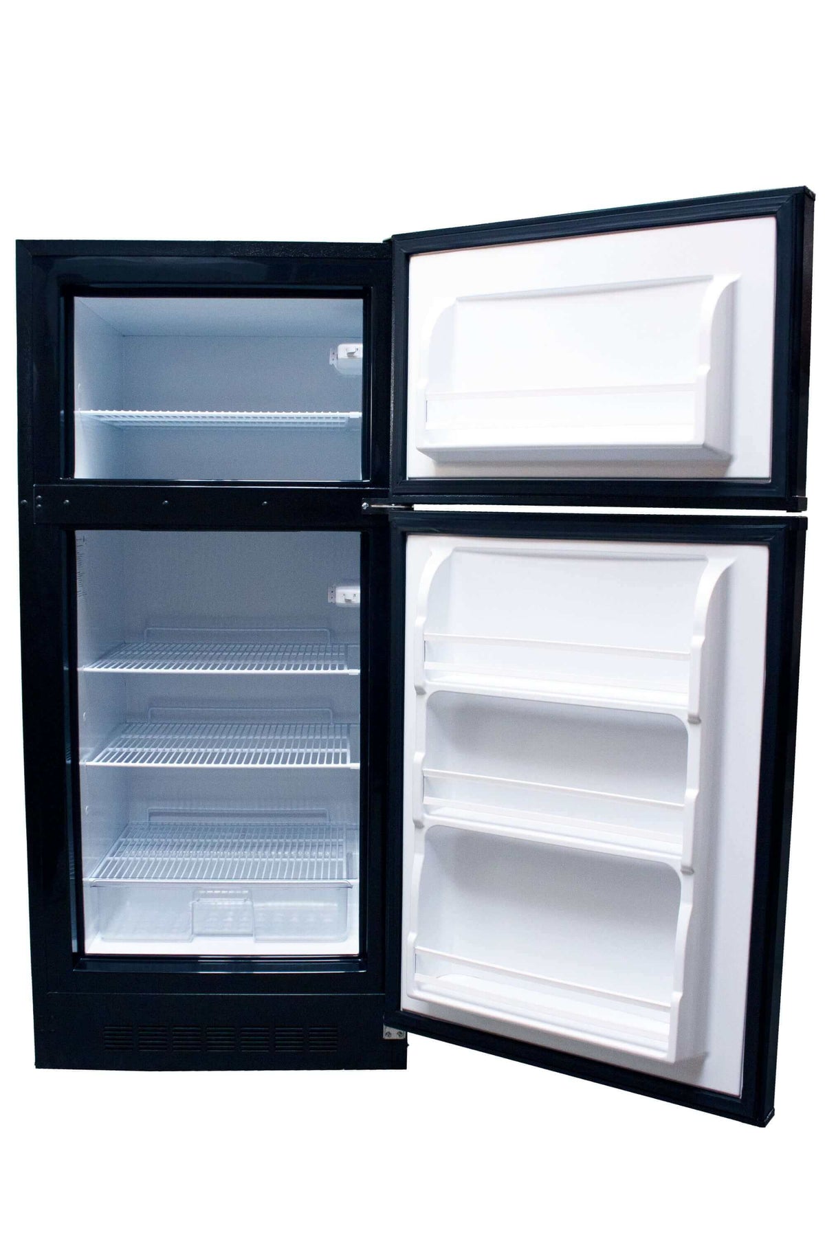 SunStar 16CU Solar/DC Refrigerator open with stainless steel doors, ideal for off-grid living. Available at Cabin Depot.