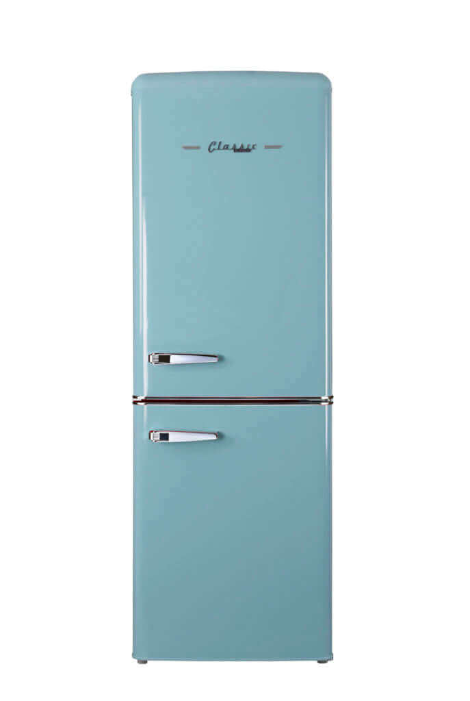Unique 9 cu/ft Bottom Mount Retro Refrigerator - Cabin Depot, classic teal finish, efficient AC model for grid-tied homes.