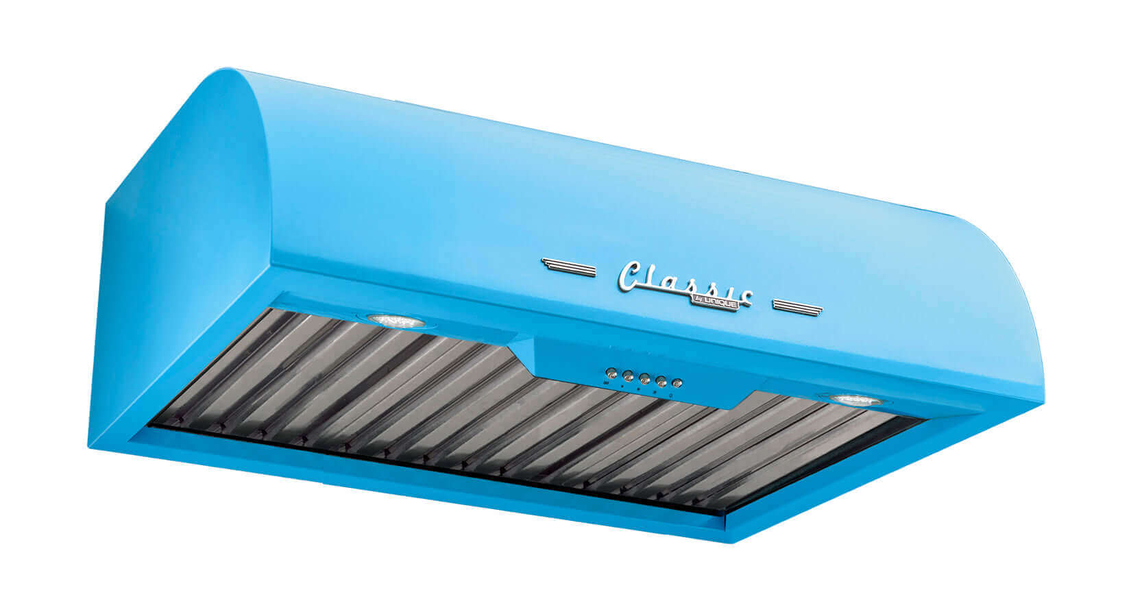 Classic Retro 24" Range Hood in blue from Cabin Depot, a 50s-style electric appliance with powerful motor and LED lights for vintage kitchens.