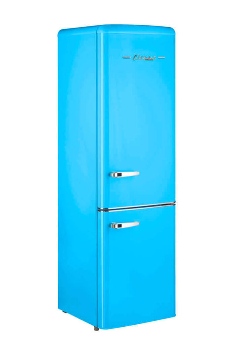 Bright blue Unique 9 Cu/Ft Bottom Mount Retro Refrigerator available at Cabin Depot, ideal for grid-tied homes, requires inverter for off-grid use.