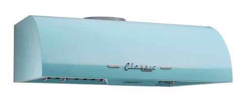 Unique 30" Classic Retro Range Hood, blue with chrome accents, ideal for vintage kitchens. Available at Cabin Depot.