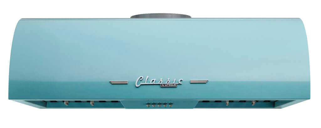 Retro 30-inch range hood by Unique with chrome accents, available at Cabin Depot, 1950s inspired design, two motors, LED lights.