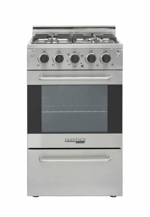 Unique Prestige 20" Convection Gas Range, stainless steel design, available at Cabin Depot, with electronic ignition and cast-iron grates.