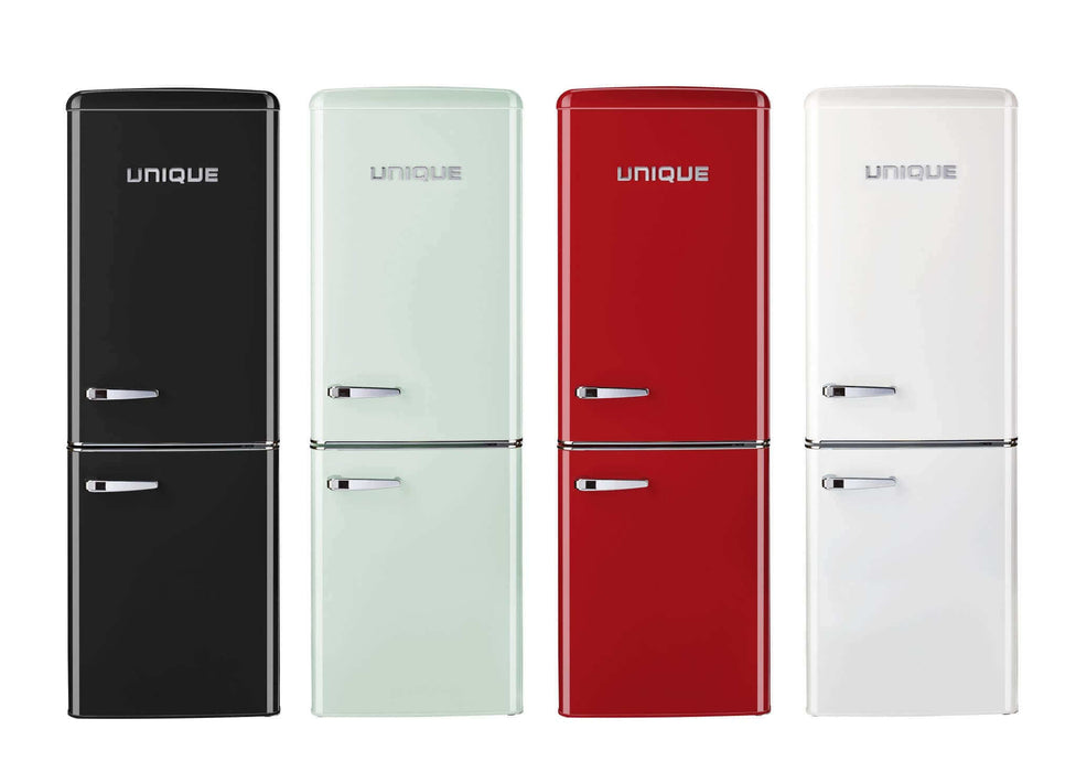 Unique 9 Cu/Ft Retro Bottom Mount Refrigerators in black, mint, red, and white from Cabin Depot.