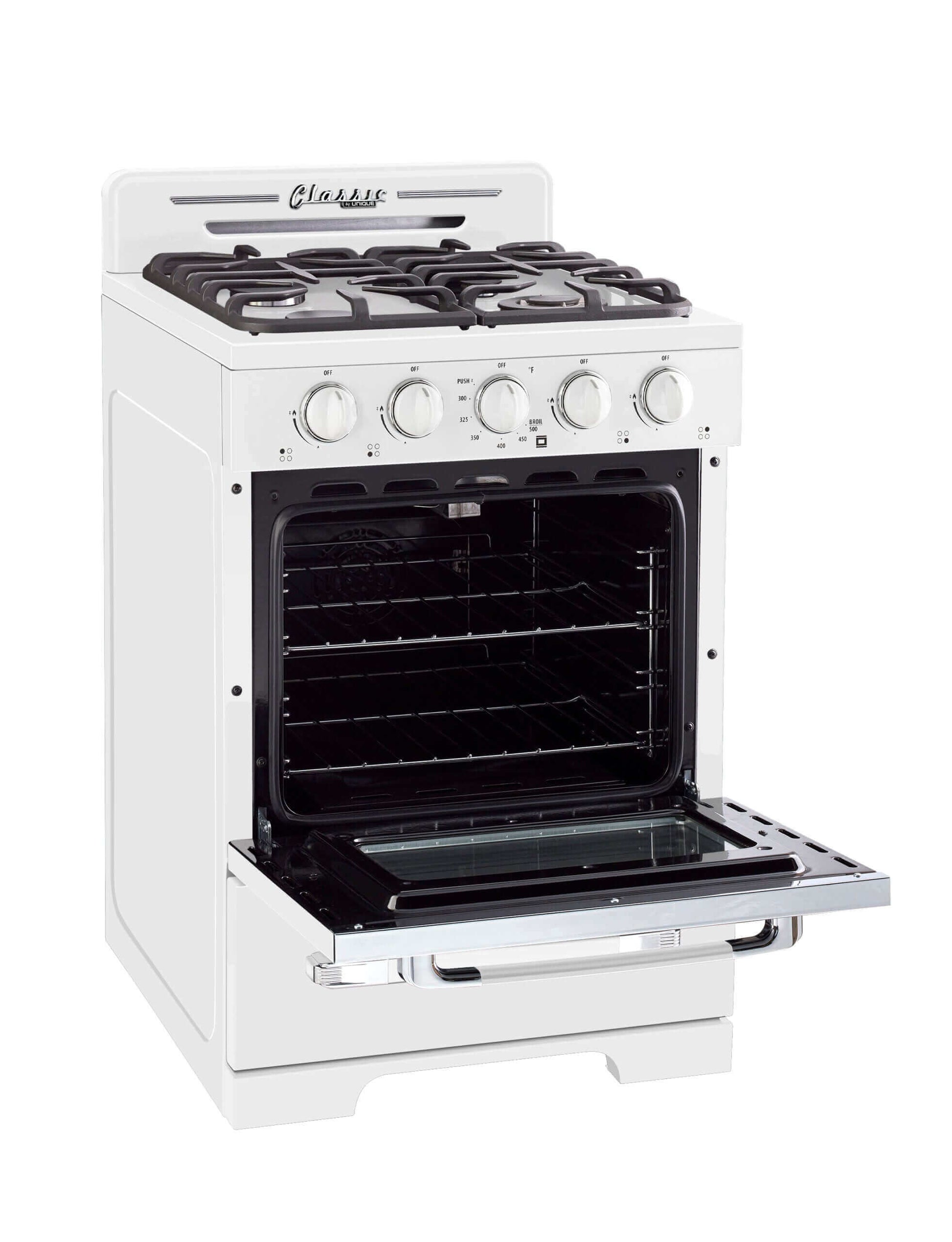 Unique 24" Classic Retro Propane Range with Battery Ignition in White, ideal for off-grid kitchens. Available at Cabin Depot.